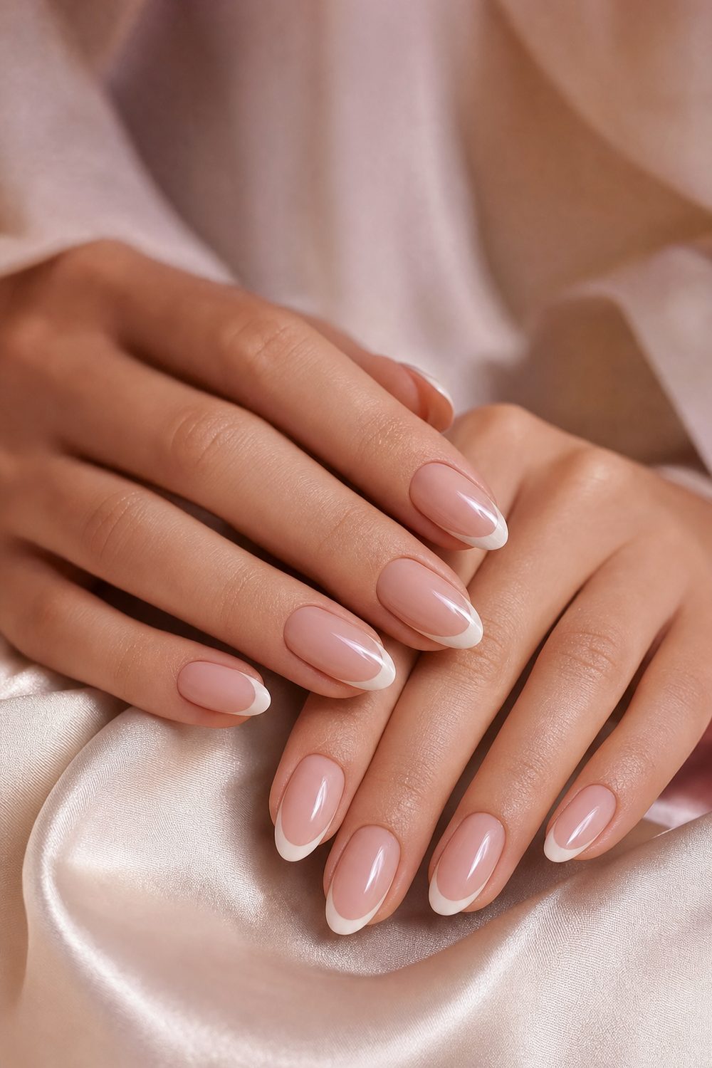 Soft modern french manicure with ivory tips on almond-shaped nails resting on cream silk