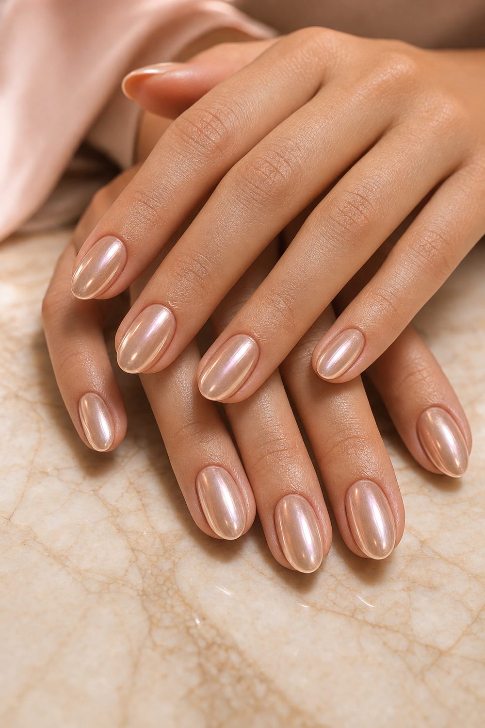 Pearlescent champagne chrome nails in a short almond shape on warm cream marble