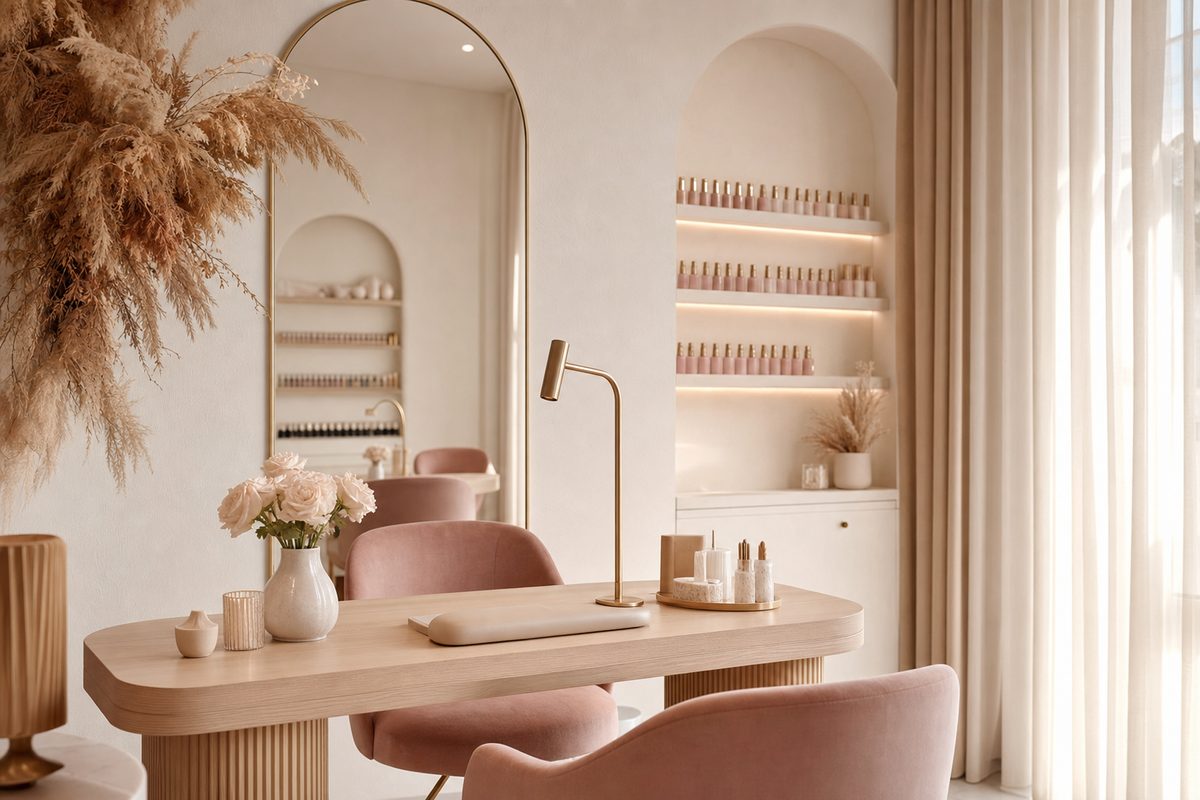 The studio interior with a pale oak manicure table, blush velvet chairs, arched mirror and pale roses