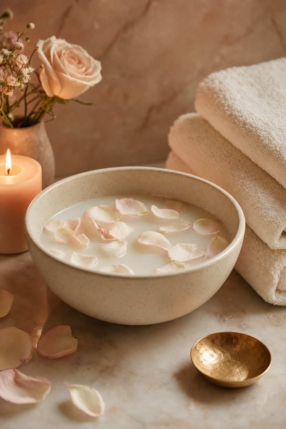 Ceramic bowl of warm milky water with rose petals beside folded ivory towels and a candle
