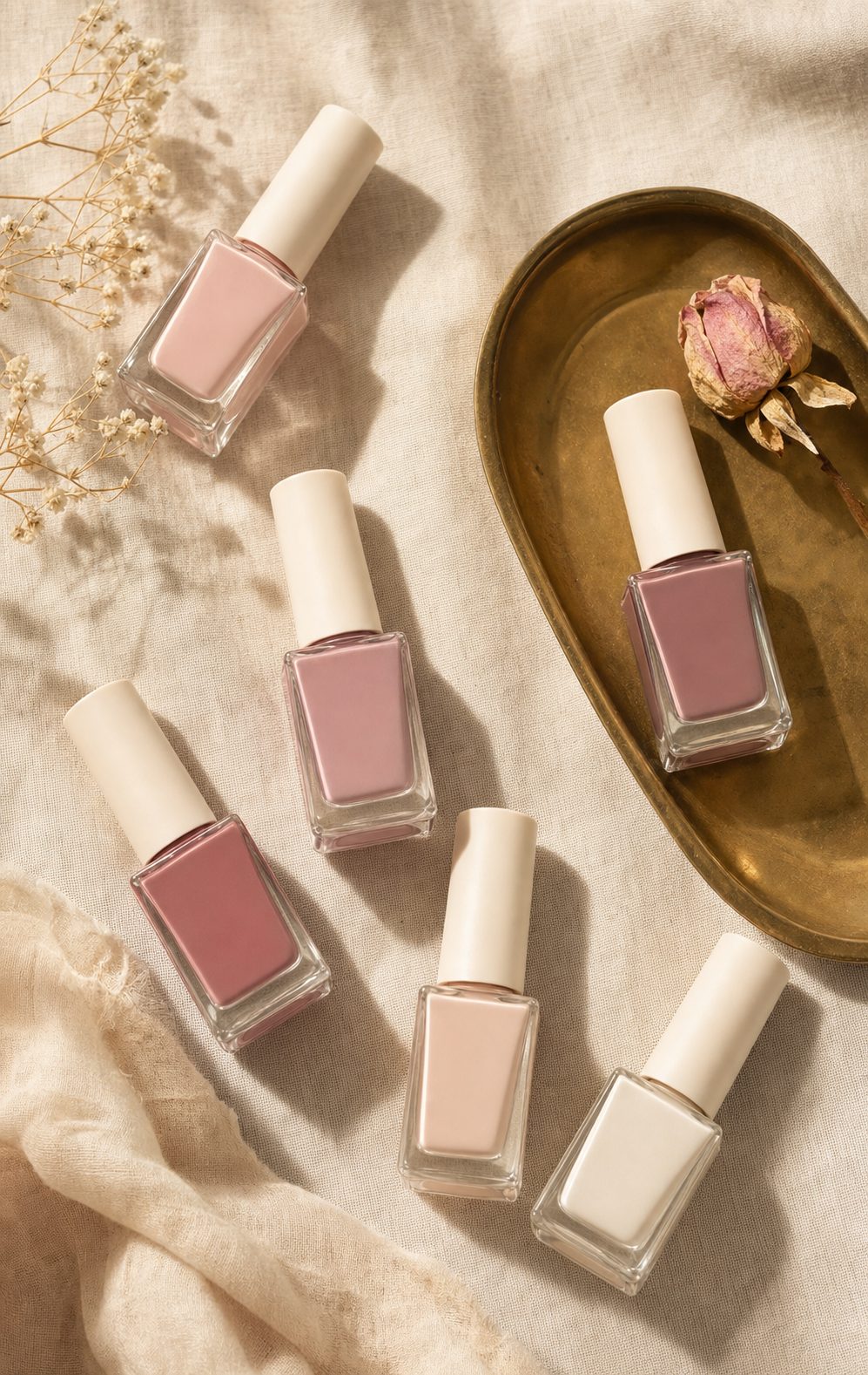 Overhead arrangement of nail polish bottles in blush, rose and ivory tones on cream linen with a brass tray