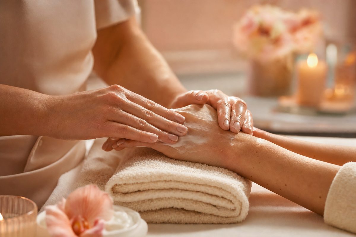 A technician massaging cream into a guest's hand over a folded ivory towel by candlelight