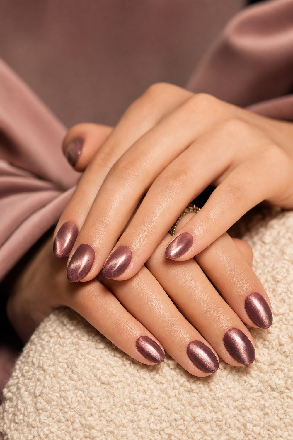 Velvet cat-eye gel nails in muted mauve and dusty rose resting on a cream boucle cushion